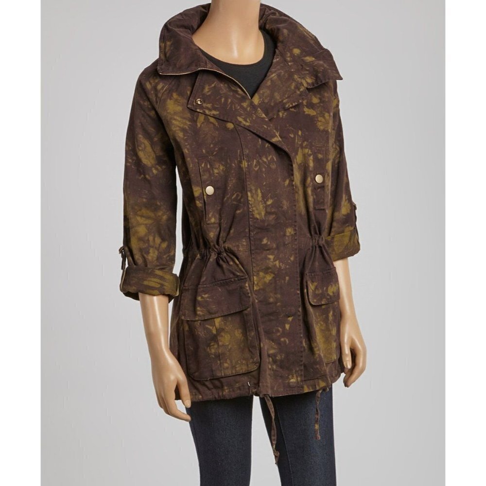 NWOT Willow & Clay Black & Army Tie-Dye Funnel Collar Cotton Coat with Hood